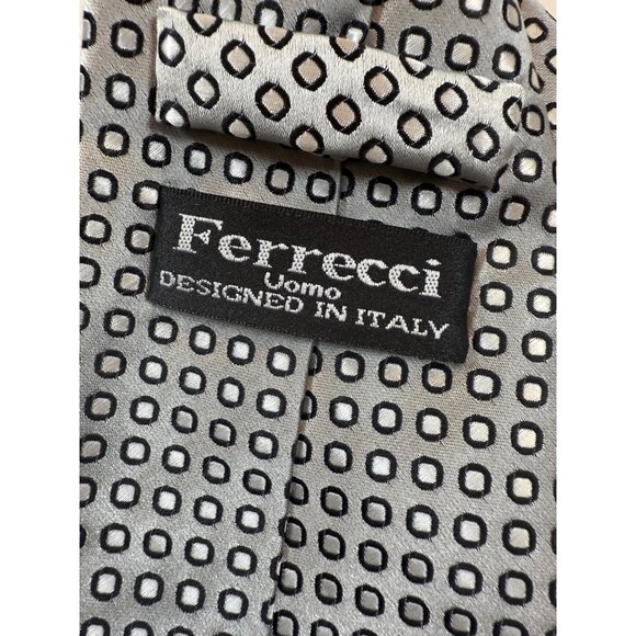 Ferrecci Silver Black Tie Geometric Squares Pattern Silk 100% Italy 58 In. - Picture 4 of 6